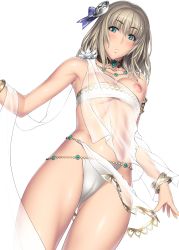 Rule 34 | 1girl, absurdres, armpits, bare shoulders, blush, bracelet, breasts, cameltoe, cosplay, elysium (cosplay), elysium (soulcalibur), freckles, green eyes, grey hair, highres, jewelry, kansuke, looking at viewer, lots of jewelry, necklace, pyrrha alexandra, see-through, simple background, solo, soul calibur, soulcalibur, soulcalibur v, standing, white background