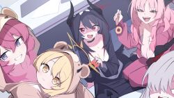 5girls :d absurdres alternate_costume animal_costume animal_ears bear_costume bear_ears black_choker black_hair black_horns blonde_hair blue_archive blush breasts bright_pupils brown_eyes camera chiaki_(blue_archive) choker cleavage commentary cosplay demon_girl demon_horns demon_tail demon_wings dutch_angle fake_animal_ears fangs grey_eyes grey_hair grin hair_between_eyes halo hand_up hashtag-only_commentary highres holding holding_camera hood hood_down hood_up horns horns_through_headwear ibuki_(blue_archive) indoors iroha_(blue_archive) kigurumi large_breasts long_hair looking_at_viewer makoto_(blue_archive) medium_breasts mmhomm mole mole_on_breast multiple_girls open_mouth pandemonium_society_(blue_archive) pink_hair red_eyes red_hair red_halo satsuki_(blue_archive) shaded_face sidelocks sleeves_past_wrists slit_pupils smile sweatdrop tail teeth tsurime under_table white_pupils wings yellow_eyes