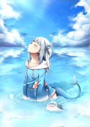 Rule 34 | 1girl, absurdres, bloop (gawr gura), blue hair, blue hoodie, blunt bangs, blush, closed eyes, commentary request, fins, fish tail, gawr gura, gawr gura (1st costume), grey hair, hair ornament, highres, hololive, hololive english, hood, hoodie, long hair, long sleeves, multicolored hair, no pants, ocean, open mouth, outdoors, pepushi drow, shark hair ornament, shark tail, sky, solo, streaked hair, sunlight, tail, two side up, virtual youtuber, wading, wet, wide sleeves