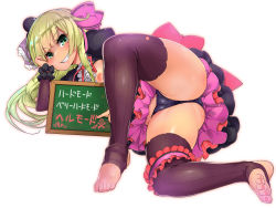 Rule 34 | 1girl, feet, frills, green eyes, green hair, grin, hair ribbon, highres, hobby (kento), holding, holding sign, looking at viewer, lying, nipples, no shoes, on side, original, pointing, ribbon, sign, simple background, smile, text focus, toeless legwear, toes, translated, white background