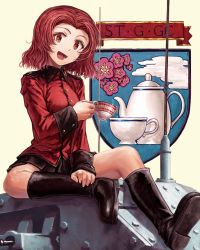 Rule 34 | 10s, 1girl, black footwear, black skirt, boots, brown eyes, cup, emblem, girls und panzer, highres, jacket, lain, long sleeves, looking at viewer, military, military uniform, miniskirt, open mouth, parted bangs, pleated skirt, red hair, red jacket, rosehip (girls und panzer), school emblem, school uniform, short hair, sitting, skirt, smile, spilling, st. gloriana&#039;s (emblem), st. gloriana&#039;s military uniform, tea, teacup, uniform