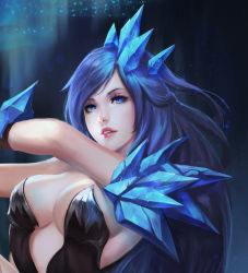 Rule 34 | 1girl, aurora, black leotard, blue eyes, blue hair, breasts, chaosringen, cleavage, highres, large breasts, leotard, long hair, looking at viewer, original, parted bangs, parted lips, sitting, solo, third-party edit, upper body