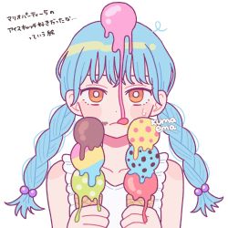 Rule 34 | 1girl, aqua hair, braid, bright pupils, brown eyes, emma (kumaema), food, food on face, food on head, hands up, highres, ice cream, ice cream cone, ice cream on face, long hair, looking at viewer, object on head, original, shirt, signature, simple background, sleeveless, sleeveless shirt, solo, triple scoop, twin braids, white background, white pupils, white shirt