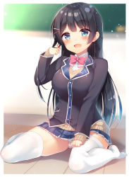 Rule 34 | 1girl, :d, black hair, blue eyes, blurry, blurry background, blush, bow, bowtie, braid, commentary request, depth of field, eyes visible through hair, french braid, hair ornament, hairclip, long hair, nijisanji, open mouth, panties, pantyshot, pink bow, pink bowtie, sazaki ichiri, smile, solo, striped clothes, striped panties, thighhighs, tsukino mito, tsukino mito (1st costume), underwear, virtual youtuber, white thighhighs