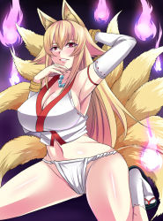 Rule 34 | 1girl, animal ears, arm behind head, armpits, bare shoulders, blonde hair, bracelet, breasts, cleavage, detached sleeves, fox ears, fox tail, fundoshi, hitodama, inari, japanese clothes, jewelry, kitsune, kneeling, kyuubi, large breasts, long hair, looking at viewer, miko, multiple tails, navel, necklace, nishida megane, no pants, original, parted lips, red eyes, ribbon-trimmed clothes, ribbon-trimmed legwear, ribbon-trimmed sleeves, ribbon trim, sandals, smile, socks, solo, tail, underwear, very long hair