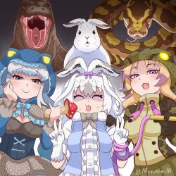 Rule 34 | 3girls, african rock python (kemono friends), animal, animal ears, animal hood, blue eyes, blue lips, blush, bow, bowtie, breasts, brown hair, c:, capelet, center frills, cheek poking, closed eyes, closed mouth, corset, double v, drawstring, dress, eyelashes, facing viewer, fangs, frills, fur collar, furrowed brow, gloves, glowing, glowing clothes, grey hair, hairband, hand on another&#039;s shoulder, hand on own cheek, hand on own face, hands up, holding, holding mushroom, holding whip, hood, hood up, hooded jacket, jacket, kemono friends, komodo dragon, komodo dragon (kemono friends), lipstick, lizard, long hair, long sleeves, looking at viewer, makeup, medium breasts, metamimi, multicolored hair, multiple girls, mushroom, open mouth, pinky out, poking, purple eyes, purple hair, rabbit, rabbit ears, scared, shaded face, shirt, skirt, smile, snake, snake hood, snowshoe hare (kemono friends), sweat, twintails, twitter username, two-tone hair, upper body, v, vest, whip, white hair, you gonna get raped, zipper
