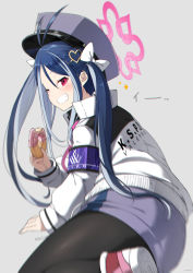 Rule 34 | 1girl, antenna hair, armband, black pantyhose, blue archive, blue hair, bow, doughnut, food, fubuki (blue archive), grey background, grin, hair bow, halo, hat, highres, holding, holding food, jacket, long hair, long sleeves, looking at viewer, mishima hiroji, multicolored hair, one eye closed, pantyhose, red eyes, simple background, skirt, smile, solo, twintails, two-tone hair, white bow, white jacket