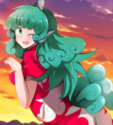 Rule 34 | 1girl, ;d, animal ears, chiru (218mg), cloud print, collared shirt, curly hair, dated, fang, from behind, green eyes, green hair, highres, horns, kariyushi shirt, komano aunn, long hair, looking at viewer, looking back, one eye closed, open mouth, outdoors, paw pose, red shirt, shirt, short sleeves, shorts, signature, single horn, sky, smile, solo, sunset, tail, touhou, upper body