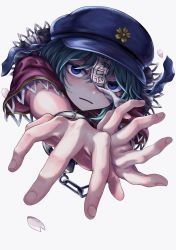 Rule 34 | 1girl, black ribbon, black skirt, blue eyes, blue hair, blue neckwear, cabbie hat, chinese clothes, closed mouth, commentary request, cuffs, expressionless, fingernails, foreshortening, from above, hair between eyes, handcuffs, hat, hat ornament, highres, jiangshi, lace-trimmed sleeves, lace trim, looking at viewer, miyako yoshika, ofuda, outstretched arms, petals, purple hat, red shirt, restrained, ribbon, shirt, short hair, short sleeves, simple background, skirt, solo, tangzhuang, touhou, white background, yonoisan