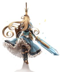 Rule 34 | 10s, 1girl, armor, armored boots, blonde hair, blue dress, boots, charlotta (granblue fantasy), crown, dress, from behind, gauntlets, granblue fantasy, harvin, harvin, high heels, holding, holding sword, holding weapon, i-la, long hair, petals, petticoat, pointy ears, puffy sleeves, shadow, shield, solo, sword, very long hair, walking, weapon, white background