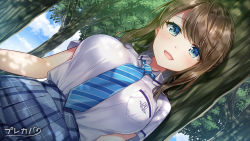 Rule 34 | 1girl, blue eyes, blue necktie, blue sky, breast pocket, breasts, brown hair, cloud, collared shirt, copyright request, day, dutch angle, grey skirt, half updo, large breasts, long hair, looking at viewer, masuishi kinoto, necktie, official art, outdoors, plaid, plaid skirt, pleated skirt, pocket, school uniform, shirt, shirt tucked in, skirt, sky, solo, standing, striped necktie, striped neckwear, tree, upper body, white shirt