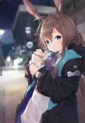 Rule 34 | 1girl, :o, amiya (arknights), animal ear fluff, animal ears, antenna hair, arknights, ascot, backlighting, black coat, blue eyes, blurry, blurry background, blush, brown hair, building, city, coat, commentary, depth of field, highres, holding, hood, hood down, hooded coat, jewelry, lens flare, long hair, long sleeves, looking at viewer, night, nissin cup noodle, open clothes, open coat, open mouth, outdoors, ponytail, purple ascot, rabbit ears, rabbit girl, ring, shirt, sidelocks, solo, steam, t-bth, white shirt