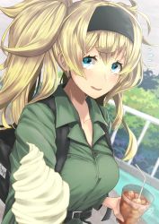 Rule 34 | 1girl, alternate costume, awkward, bag, blonde hair, blue eyes, blurry, blurry background, blush, breasts, bush, casual, collarbone, collared shirt, cup, day, flying sweatdrops, food, gambier bay (kancolle), green shirt, hair between eyes, hairband, highres, holding, holding cup, holding food, ice cream, ice cream cone, incoming food, kantai collection, large breasts, long hair, offering food, open mouth, outdoors, pov, railing, shirt, short eyebrows, sidelocks, signature, smile, solo, strap, tsurukawasha, twintails