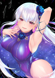 Rule 34 | 1girl, arm behind head, arm up, armpits, bare shoulders, black background, blue hair, blue one-piece swimsuit, blush, body markings, bracelet, breasts, chikage (blackclownery), covered navel, earrings, fate/grand order, fate (series), flower, glass shards, hair flower, hair ornament, hair ribbon, highleg, highleg swimsuit, highres, jewelry, kama (fate), kama (swimsuit avenger) (fate), kama (swimsuit avenger) (third ascension) (fate), large breasts, long hair, looking at viewer, lotus, multicolored hair, nail polish, one-piece swimsuit, open mouth, red eyes, ribbon, silver hair, smile, solo, star (sky), star (symbol), star earrings, swimsuit, thighs, two-tone hair