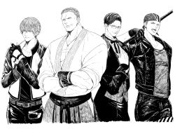 Rule 34 | 4boys, bandana, billy kane, cropped torso, crossed arms, fatal fury, father and son, fingerless gloves, garou: mark of the wolves, geese howard, glasses, gloves, greyscale, hakama, hakama skirt, hand on own chest, hein (kof), jacket, japanese clothes, jewelry, male focus, monochrome, multiple boys, necklace, osakana e, rock howard, short hair, skirt, staff, the king of fighters, the king of fighters xiv, tongue, tongue out, white background