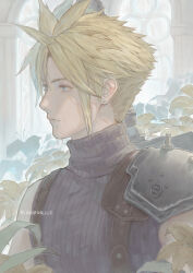 Rule 34 | 1boy, armor, blonde hair, blue eyes, closed mouth, cloud strife, commission, earrings, final fantasy, final fantasy vii, final fantasy vii remake, flower, indoors, jewelry, konburice, looking to the side, male focus, ribbed sweater, short hair, shoulder armor, sleeveless, sleeveless turtleneck, solo, spiked hair, stud earrings, suspenders, sweater, turtleneck, turtleneck sweater, twitter username, upper body, yellow flower