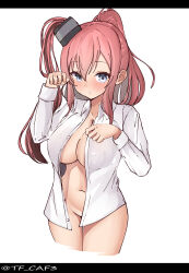 Rule 34 | 1girl, absurdres, alternate costume, blue eyes, bottomless, breasts, brown hair, cowboy shot, dress shirt, hair between eyes, highres, kantai collection, large breasts, long hair, long sleeves, naked shirt, navel, no bra, open clothes, open shirt, ponytail, saratoga (kancolle), shirt, side ponytail, sidelocks, smokestack hair ornament, solo, standing, tf cafe, white shirt