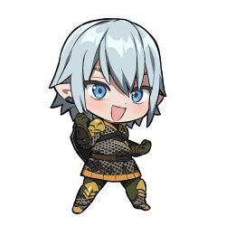 Rule 34 | 1boy, :d, armor, belt, blue eyes, chainmail, chibi, chinese commentary, clenched hands, commentary request, earclip, elbow gloves, elezen, elf, faulds, final fantasy, final fantasy xiv, full body, gloves, green gloves, grey hair, hand up, haurchefant greystone, knee pads, legs apart, looking at viewer, male focus, open mouth, pauldrons, pointy ears, shield, short hair, shoulder armor, simple background, smile, solo, standing, vambraces, wading, white background, wuliu heihuo