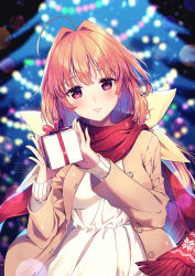 Rule 34 | 1girl, ahoge, artist name, backlighting, blurry, blurry background, blush, box, buttons, christmas, christmas tree, coat, depth of field, dress, fingernails, fringe trim, gift, gift box, hair intakes, head tilt, holding, holding gift, kagami sumika, lens flare, lips, long fingernails, long hair, long sleeves, looking at viewer, muv-luv, nose blush, open clothes, open coat, orange hair, parted lips, red scarf, rosuuri, scarf, solo, unbuttoned, upper body, very long hair, watermark, web address, white dress, winter