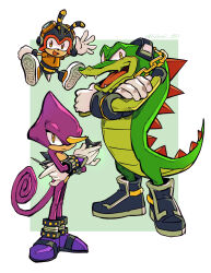 Rule 34 | 3boys, absurdres, alternate costume, chain, chain necklace, charmy bee, crossed arms, espio the chameleon, furry, furry male, gloves, gold chain, hashi84e, headphones, highres, jewelry, looking at viewer, multiple boys, necklace, open mouth, shoes, sonic (series), vector the crocodile, white gloves