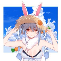Rule 34 | 1girl, a2gmanoid, animal ear fluff, animal ears, bare shoulders, black bra, blue hair, blue ribbon, border, bow, bra, braid, breasts, carrot hair ornament, cleavage, closed mouth, cloud, cloudy sky, commentary request, cumulonimbus cloud, day, don-chan (usada pekora), dress, expressionless, flower, food-themed hair ornament, hair between eyes, hair bow, hair ornament, hand on headwear, hat, hat flower, hololive, long hair, looking at viewer, multicolored hair, rabbit ears, rabbit girl, red eyes, ribbon, silver hair, sky, sleeveless, small breasts, solo, straw hat, thick eyebrows, twin braids, twintails, two-tone hair, underwear, upper body, usada pekora, usada pekora (1st costume), virtual youtuber, white border, white bow, white dress