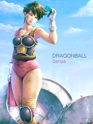 Rule 34 | 1girl, armor, bare shoulders, black eyes, black hair, boots, breasts, character name, cloud, copyright name, dragon ball, dragonball z, eply, unworn eyewear, facial scar, female focus, gloves, hatch, highres, knee pads, looking at viewer, medium breasts, monkey tail, saiyan, scar, scar on cheek, scar on face, scouter, seripa, short hair, single thighhigh, sitting, sky, solo, spacecraft, tail, tail wrap, thick thighs, thighhighs, thighs, white footwear, white gloves