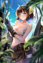 Rule 34 | 1girl, absurdres, ahoge, arknights, bai shiro@, bare shoulders, black gloves, black hair, black pants, blue eyes, blue hair, blue sky, blunt bangs, breasts, camisole, cleavage, cloud, collarbone, colored inner hair, commentary, cowboy shot, crop top, day, electric fan, eunectes (arknights), eunectes (forgemaster) (arknights), gloves, hand up, highres, holding, holding wrench, large breasts, lens flare, looking at viewer, midriff, multicolored hair, navel, outdoors, pants, pointy ears, short hair, sky, solo, spaghetti strap, standing, stomach, wrench