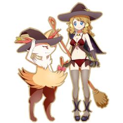 Rule 34 | 1girl, adjusting clothes, bikini, black thighhighs, blonde hair, blue eyes, blush, braixen, breasts, broom, cameltoe, cape, cleavage, creatures (company), front-tie bikini top, front-tie top, game freak, gen 6 pokemon, gloves, hat, highres, medium breasts, mop, nintendo, pokemon, pokemon (anime), pokemon (creature), serena (pokemon), smile, swimsuit, thighhighs, witch, witch hat