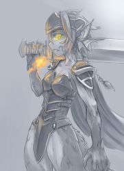 Rule 34 | 1girl, armor, boobplate, braid, breastplate, breath weapon, breathing fire, cowboy shot, dragon girl, female focus, fins, fire, from side, glowing, granberia, grey background, head fins, holding, holding sword, holding weapon, jiffic, mon-musu quest!, monochrome, monster girl, pointy ears, scales, sharp teeth, simple background, single braid, solo, standing, sword, tattoo, teeth, weapon, yellow eyes