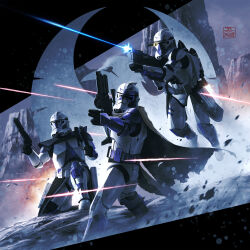 Rule 34 | 3boys, 5health, absurdres, assault visor, black gloves, brown cape, cape, clone trooper, dual wielding, energy gun, firing, flying, galactic republic, gloves, gun, highres, holding, holding gun, holding weapon, jetpack, making-of available, male focus, multiple boys, on one knee, original, pointing, radio antenna, science fiction, star wars, weapon