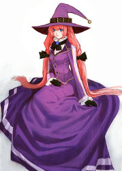 Rule 34 | 1girl, alfa system, belt, black gloves, blue eyes, brooch, buckle, dress, fumiko odette vanstein, glasses, gloves, gown, hair ribbon, hat, jewelry, long hair, orange hair, pink hair, red hair, ribbon, shikigami no shiro, sitting, skirt, solo, tress ribbon, twintails, very long hair, witch, witch hat