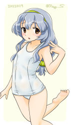 Rule 34 | 1girl, barefoot, brown eyes, cowboy shot, dated, flat chest, green hairband, hairband, kantai collection, long hair, low-tied long hair, one-hour drawing challenge, one-piece swimsuit, ray.s, school swimsuit, silver hair, simple background, solo, swimsuit, twitter username, wavy hair, white background, white one-piece swimsuit, yamagumo (kancolle)