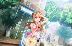 Rule 34 | 10s, 1girl, artist request, bag, brown hair, cafe, drink, drinking straw, flower, flower pot, idolmaster, idolmaster cinderella girls, idolmaster cinderella girls starlight stage, long hair, matsuyama kumiko, official art, one eye closed, ponytail, shorts, side ponytail, solo focus, sun, tree
