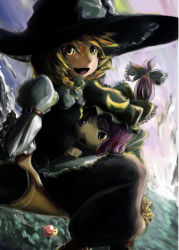 Rule 34 | 2girls, black theme, blonde hair, broom, broom riding, crescent, crescent moon, dress, female focus, frills, hat, holding, kannasetsuna, charm (object), kirisame marisa, moon, multiple girls, mushroom, open mouth, patchouli knowledge, purple hair, ribbon, short hair, sidesaddle, touhou, witch, witch hat