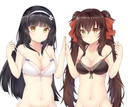 Rule 34 | 2girls, bad id, bad pixiv id, bare arms, bare shoulders, black bra, black hair, blunt bangs, blush, bottomless, bra, breasts, brown eyes, brown hair, cleavage, closed mouth, collarbone, flower, girls&#039; frontline, hair between eyes, hair flower, hair ornament, hair ribbon, hairband, highres, light frown, long hair, looking at viewer, medium breasts, multiple girls, navel, out-of-frame censoring, palms together, pulling own clothes, red ribbon, ribbon, seventeen (st17215), sidelocks, simple background, stomach, straight hair, strap pull, twintails, type 95 (girls&#039; frontline), type 97 (girls&#039; frontline), underwear, underwear only, undressing, upper body, very long hair, white background, white bra, white hairband, yellow eyes