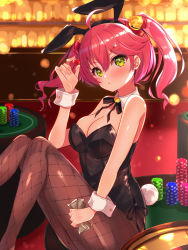 Rule 34 | 1girl, ahoge, alternate costume, animal ears, ball, bare shoulders, bell, black leotard, blurry, blurry background, blush, breasts, cleavage, commentary request, detached collar, fishnets, green eyes, hair bell, hair between eyes, hair ornament, hairclip, highres, holding, holding ball, holding money, hololive, indoors, knees up, leotard, looking at viewer, medium breasts, mi taro333, money, pantyhose, pink hair, playboy bunny, poker chip, rabbit ears, rabbit girl, rabbit tail, roulette, roulette table, sakura miko, sitting, solo, table, tail, twintails, virtual youtuber, wrist cuffs