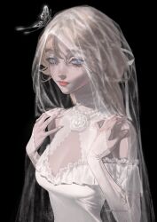 Rule 34 | 1girl, black hair, blonde hair, blue eyes, braid, bridal gauntlets, bridal veil, bug, butterfly, choker, cropped torso, dress, french braid, frilled choker, frills, hand on own shoulder, highres, insect, jewelry, long hair, looking at viewer, necklace, original, pearl necklace, red lips, veil, wavy hair, wedding dress, wengwengchim, white dress, white nails