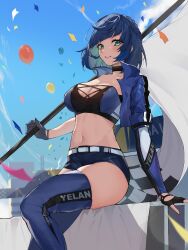Rule 34 | 1girl, alternate costume, black choker, black gloves, black shorts, blue hair, blue jacket, blue sky, blue thighhighs, blunt bangs, breasts, character name, choker, cleavage, clothes writing, cloud, commentary, day, feet out of frame, fingerless gloves, flag, genshin impact, gloves, green eyes, grin, highres, holding, holding flag, jacket, large breasts, looking at viewer, midriff, navel, open clothes, open jacket, paradox (parapa), parted lips, purple lips, race queen, short hair, short shorts, short sleeves, shorts, sitting, sky, smile, solo, stomach, strapless, thighhighs, thighs, tube top, yelan (genshin impact)