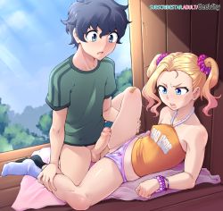 Rule 34 | 1boy, 1girl, bandaid, bare shoulders, black hair, blonde hair, blue eyes, blush, bottomless, breasts, collarbone, covered erect nipples, freckles, geewhy, hetero, highres, imminent sex, open mouth, oshiete! galko-chan, panties, panties aside, purple panties, pussy, shiny, shiny hair, shiny skin, short hair, short twintails, small breasts, teeth, tsunno, twintails, uncensored, underwear, upper teeth, wristband