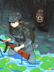 Rule 34 | 1girl, 1other, asymmetrical hair, backpack, bag, belt, black eyes, blue headwear, blue jacket, blue pants, brown belt, brown hair, day, espedraws, finnish army, gun, hat, highres, holding, holding gun, holding weapon, jacket, lily pad, long hair, long sleeves, military, military hat, military rank insignia, military uniform, original, outdoors, pants, partially submerged, standing, submachine gun, uniform, wading, water, water lily flower, weapon
