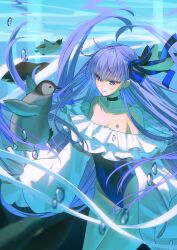 1girl absurdres bare_shoulders bird blue_eyes blue_ribbon breasts choker fate/grand_order fate_(series) frills hair_ribbon highleg highleg_one-piece_swimsuit highres light_(nightty45) long_hair long_sleeves meltryllis meltryllis_(fate) meltryllis_(swimsuit_lancer)_(fate) meltryllis_(swimsuit_lancer)_(second_ascension)_(fate) off-shoulder_one-piece_swimsuit off_shoulder one-piece_swimsuit penguin puffy_sleeves purple_hair ribbon sleeves_past_fingers sleeves_past_wrists small_breasts swimsuit thighs underwater very_long_hair white_ribbon