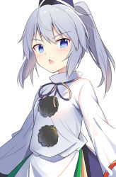 Rule 34 | 1girl, blue eyes, blue skirt, blush, breasts, commentary request, e.o., hat, highres, japanese clothes, kariginu, long sleeves, looking at viewer, mononobe no futo, open mouth, pom pom (clothes), ponytail, ribbon-trimmed sleeves, ribbon trim, sidelocks, silver hair, simple background, skirt, small breasts, solo, standing, tate eboshi, touhou, triangle mouth, upper body, white background, wide sleeves