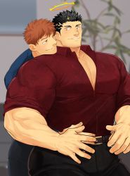 Rule 34 | 2boys, alternate costume, asahi (zabaniyan), bad id, bad twitter id, bara, black hair, blush, collared shirt, eye contact, facial hair, feet out of frame, fire, flaming halo, halo, hand on hand, head on another&#039;s shoulder, highres, hug, hug from behind, indoors, large pectorals, looking at another, male focus, mature male, multiple boys, muscular, muscular male, partially unbuttoned, pectoral cleavage, pectorals, protagonist 4 (housamo), shirt, short hair, sideburns, smile, spiked hair, stubble, thick thighs, thighs, tokyo houkago summoners, unfinished, yaoi, yellow eyes, zabaniyya (housamo)