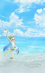 Rule 34 | 1girl, absurdres, anklet, arm up, artist name, bad id, bad twitter id, barefoot, beach, black shorts, blue bow, blue sky, blue tongue, blunt bangs, boater hat, bow, brown hat, closed eyes, cloud, cloudy sky, colored tongue, commentary request, contrail, copyright name, day, dolphin shorts, facing viewer, fang, food, footprints, hat, hat bow, highres, holding, holding food, holding swim ring, horizon, inkling, inkling girl, inkling player character, innertube, jewelry, leg up, long hair, mask, nintendo, ocean, open mouth, outdoors, pointy ears, popsicle, shirt, short sleeves, shorts, signature, skin fang, sky, smile, solo, splatoon (series), standing, standing on one leg, straw hat, swim ring, t-shirt, translated, ume (plumblossom), white shirt
