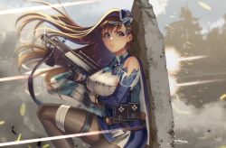 Rule 34 | 1girl, assault rifle, belt, belt pouch, black gloves, blue hat, blue necktie, blue ribbon, blue sleeves, breasts, brown belt, brown hair, brown pantyhose, bullpup, collared shirt, detached sleeves, garrison cap, glint, gloves, goddess of victory: nikke, gun, hair ribbon, hat, highres, holding, holding weapon, large breasts, long hair, marian (nikke), necktie, on one knee, outdoors, pantyhose, pouch, purple eyes, ribbon, rifle, sayakajou, shirt, signature, sleeveless, sleeveless shirt, solo, tilted headwear, weapon