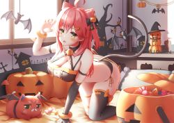 Rule 34 | 1girl, absurdres, ahoge, all fours, alternate costume, animal ear fluff, animal ears, armband, bare shoulders, bat (animal), bell, black cat, black gloves, black thighhighs, breasts, candy, cat, cat ears, cat tail, cleavage, criss-cross halter, decorations, elbow gloves, food, food-themed hair ornament, fur trim, gloves, green eyes, hair bell, hair between eyes, hair ornament, hairclip, halloween, halloween bucket, halterneck, hat, highres, hololive, jack-o&#039;-lantern, kintoki (sakura miko), large breasts, long hair, looking at viewer, nyan (reinyan 007), one side up, open mouth, paw pose, pink hair, pumpkin, pumpkin hair ornament, sakura miko, sakura miko (old design), side-tie bottom, sidelocks, single glove, single thighhigh, tail, thighhighs, virtual youtuber, window, wings, witch hat
