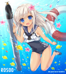 Rule 34 | 10s, 1girl, ameto yuki, blonde hair, blue eyes, crop top, fish, flower, gradient background, hair flower, hair ornament, hibiscus, highres, kantai collection, lifebuoy, long hair, looking at viewer, one-piece tan, open mouth, ro-500 (kancolle), sailor collar, school swimsuit, submarine, swim ring, swimsuit, swimsuit under clothes, tan, tanline, torpedo, watercraft