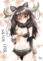 Rule 34 | ..., animal ears, antlers, arm at side, bikini, bikini shorts, bikini top only, black hair, blush, breasts, chiki yuuko, closed mouth, copyright name, cowboy shot, dated, detached sleeves, extra ears, fur scarf, hair between eyes, half-closed eyes, hand up, head tilt, horns, kemono friends, long hair, looking to the side, medium breasts, mismatched bikini, moose (kemono friends), moose ears, moose tail, navel, nose blush, red eyes, scarf, shorts, solo, stomach, swimsuit, tail, translation request, wet