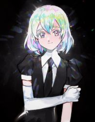 Rule 34 | 1other, 203wolves, blush, bob cut, closed mouth, colored eyelashes, diamond (houseki no kuni), elbow gloves, gem uniform (houseki no kuni), gloves, green hair, houseki no kuni, medium hair, multicolored hair, necktie, other focus, puffy sleeves, smile, solo, upper body, white gloves