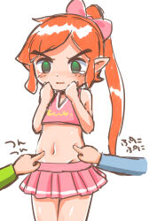 Rule 34 | 1boy, absurdres, bow, cheerleader, cheerleader link, crop top, crossdressing, disembodied hand, green eyes, hair bow, highres, link, long hair, male focus, midriff, navel, nintendo, official alternate costume, open mouth, papapaimon, pink bow, pink skirt, pleated skirt, pointy ears, poking, ponytail, red hair, sidelocks, simple background, sketch, skirt, sleeveless, solo focus, standing, stomach, the legend of zelda, the legend of zelda: tri force heroes, toon link, trap, v-neck, v-shaped eyebrows, white background